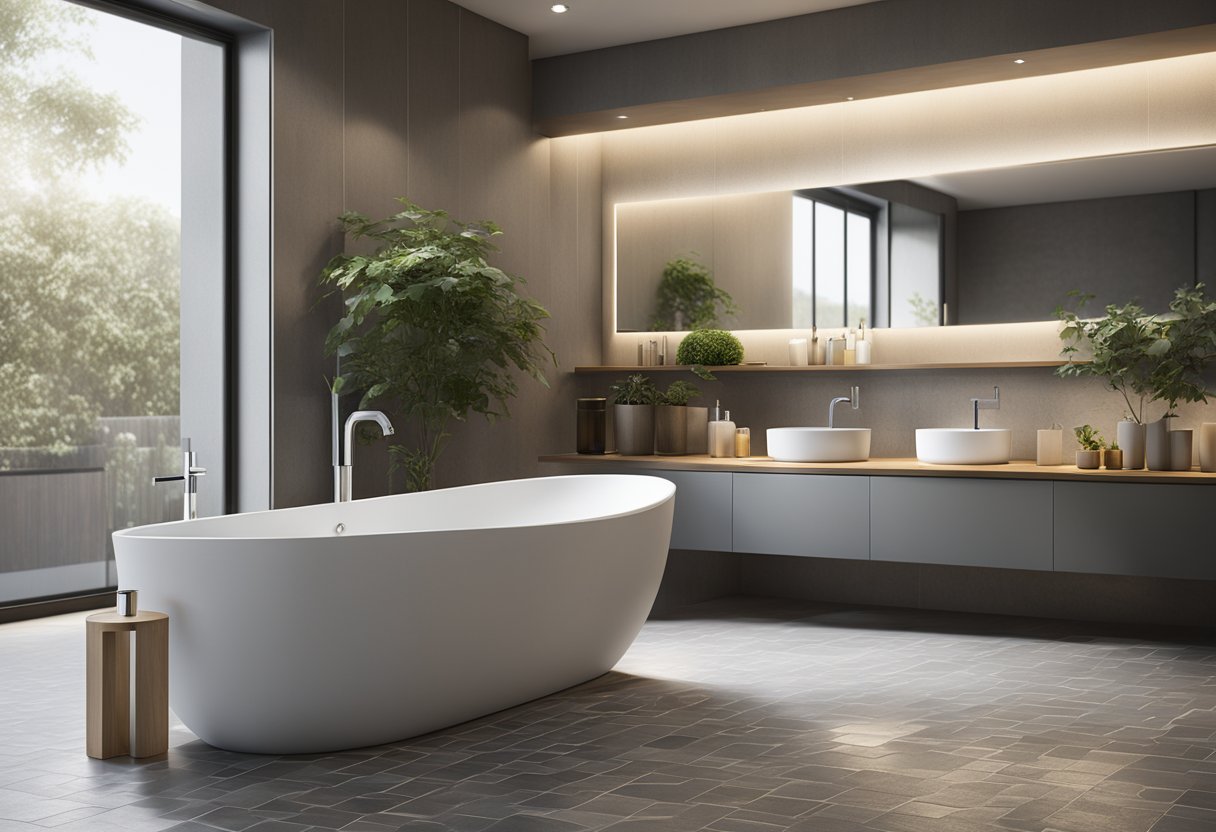 A bathroom with a low-flow showerhead and faucet next to a standard showerhead and faucet. Water flowing from each fixture into a sink or bathtub