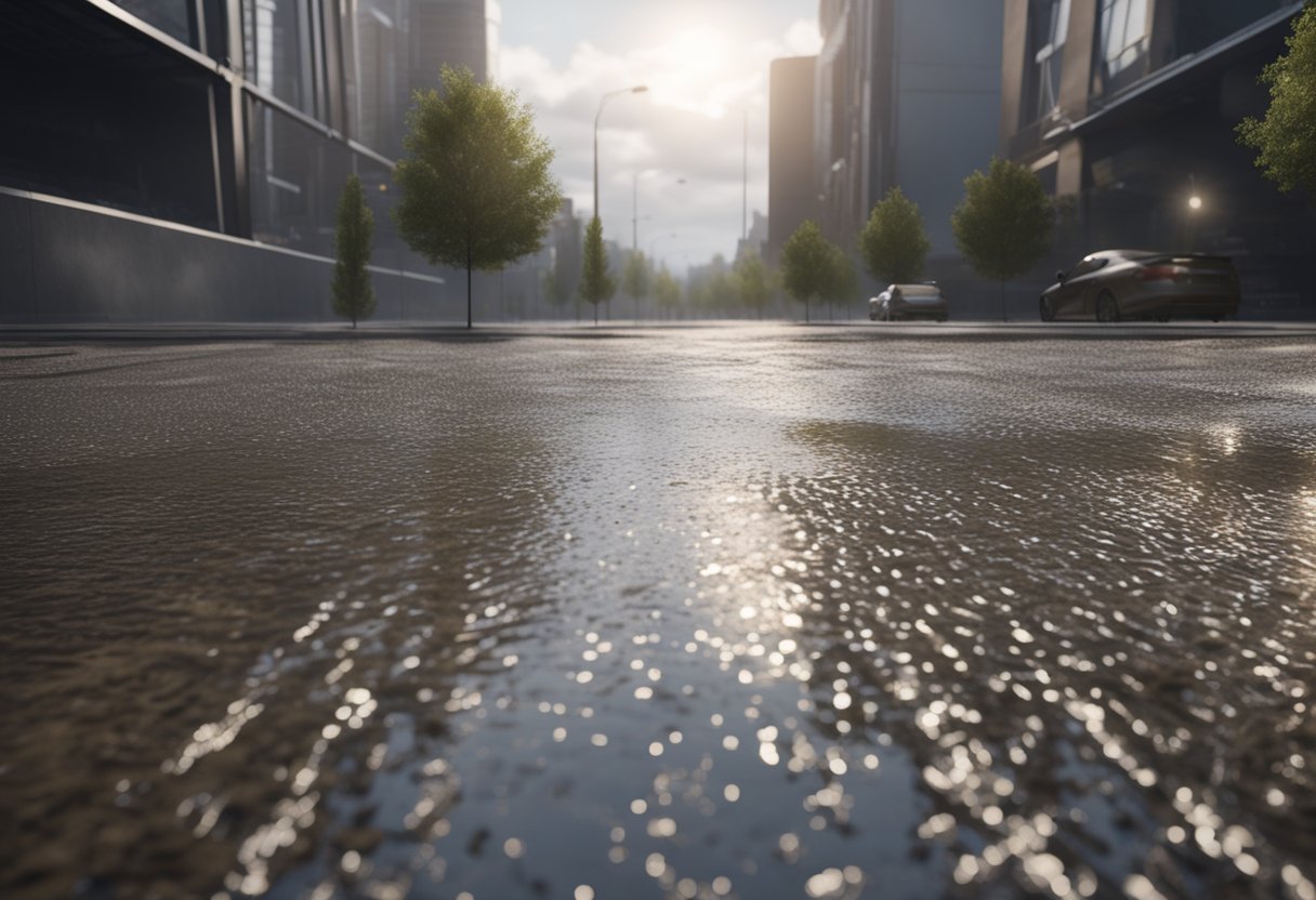 A rainstorm over a permeable pavement area, with water seeping through the surface, filtering into the ground, and replenishing the soil below