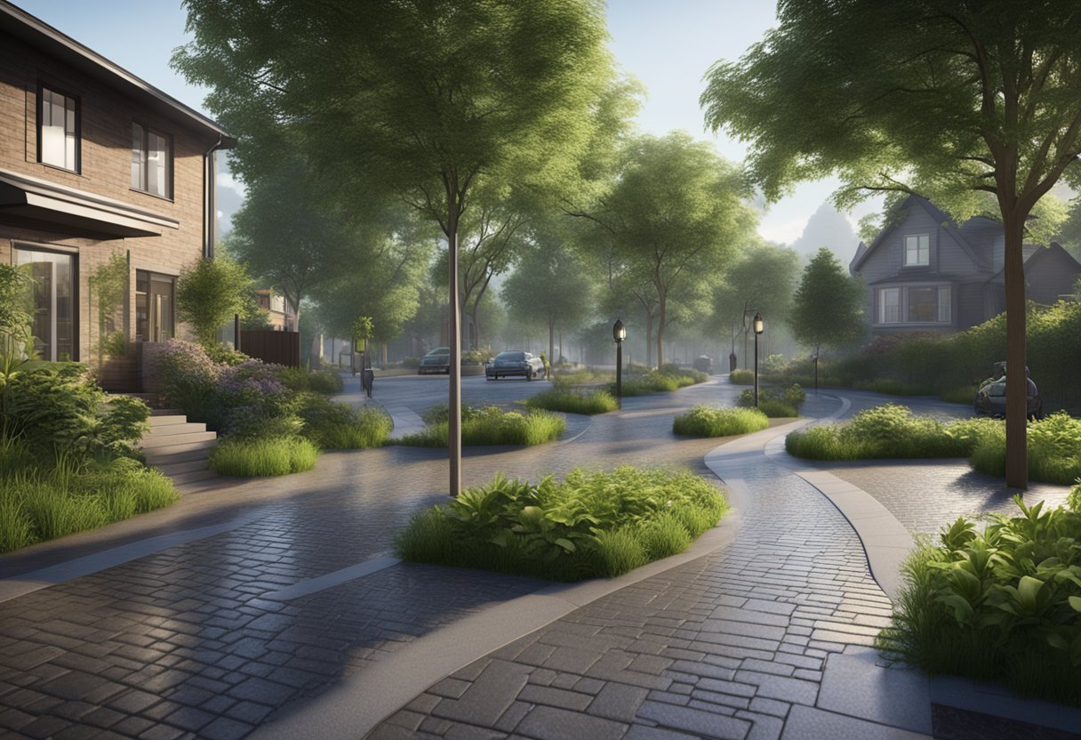 A serene suburban street with permeable pavement, lush greenery, and a gentle rain shower, showcasing the benefits of reduced runoff