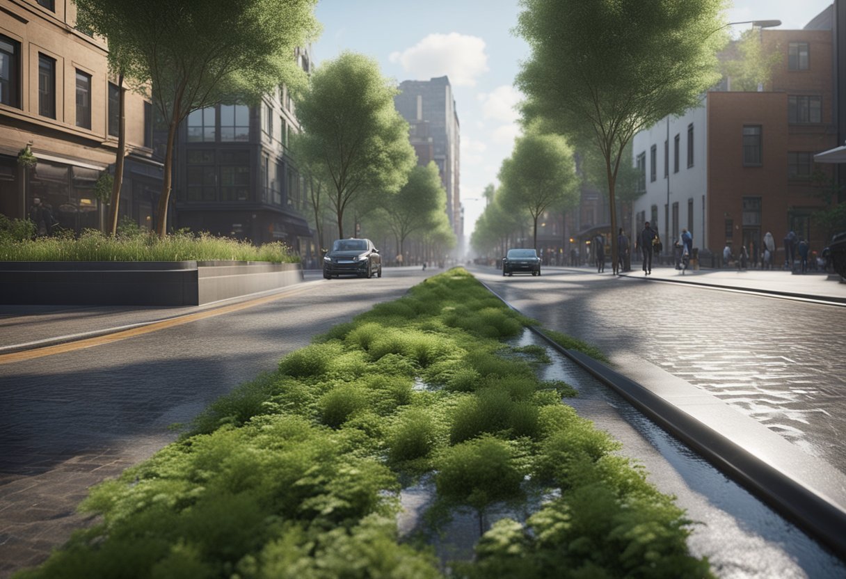 A city street with permeable pavement, rainwater flowing through the surface, filtering into the ground, and greenery thriving alongside the road