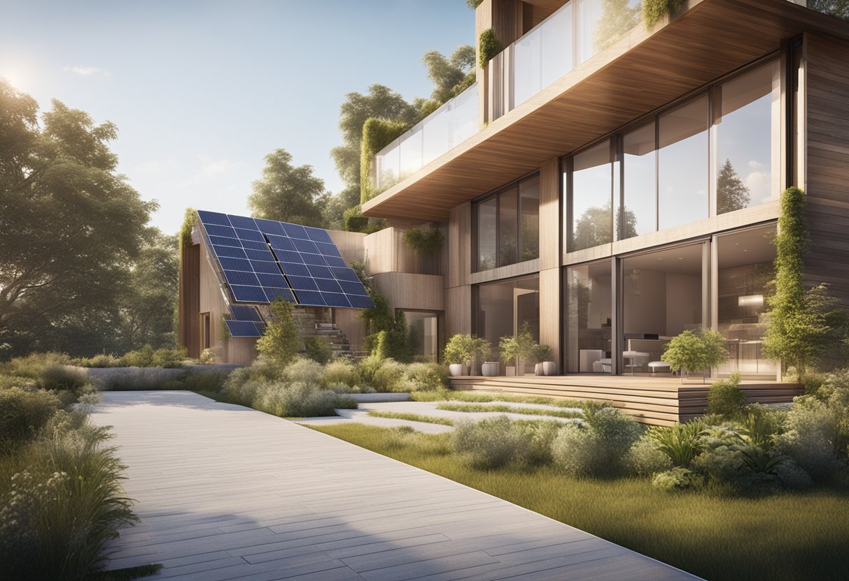 A modern, eco-friendly building with solar panels, efficient insulation, and energy-saving appliances