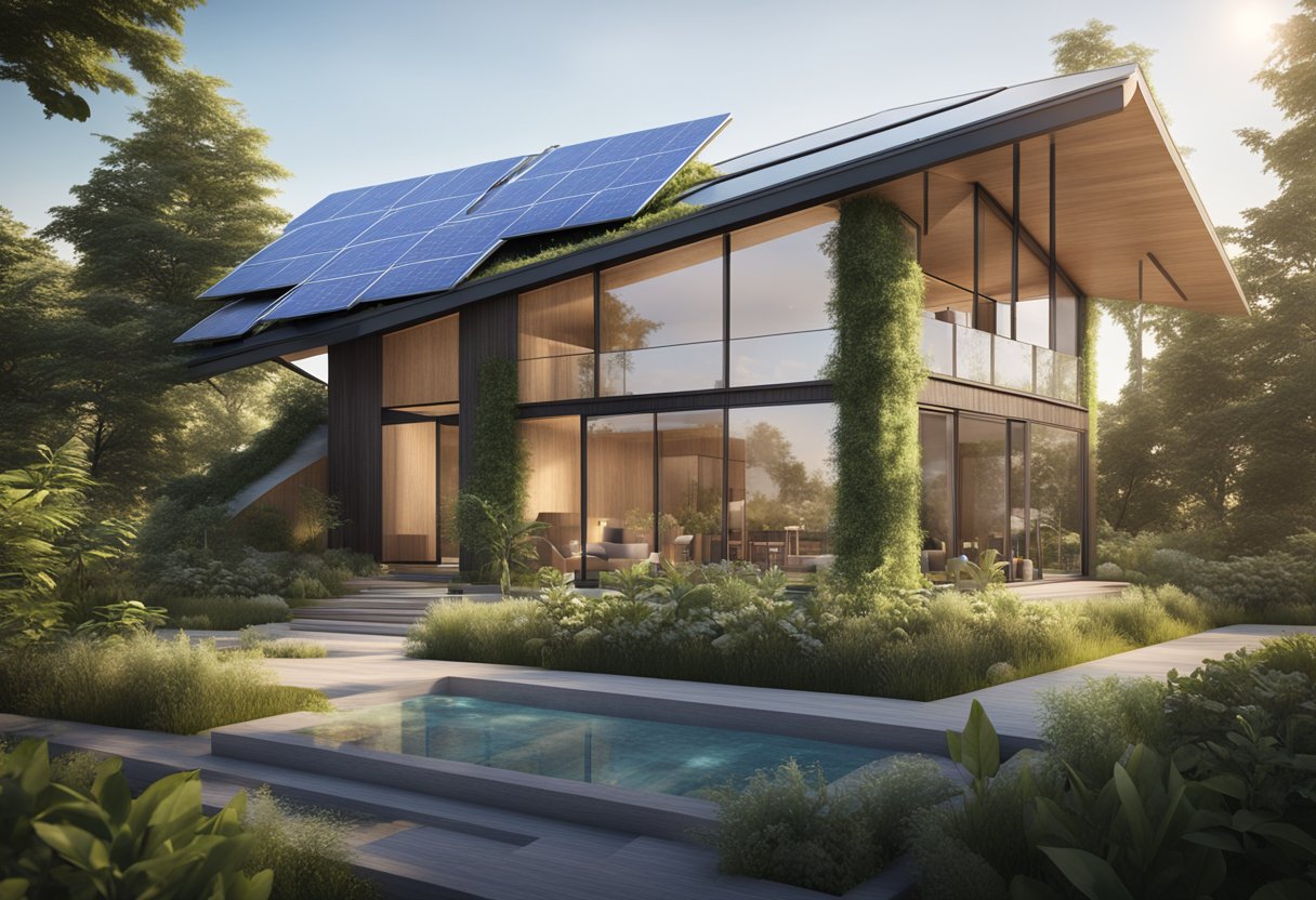 A modern, eco-friendly building with solar panels, efficient insulation, and energy-saving appliances, surrounded by lush greenery and clear skies