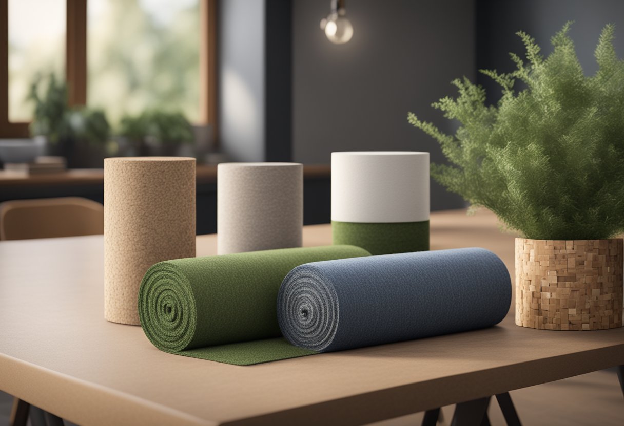 A variety of sustainable insulation materials arranged on a table, including sheep's wool, recycled denim, and cork, with a background of greenery and eco-friendly packaging