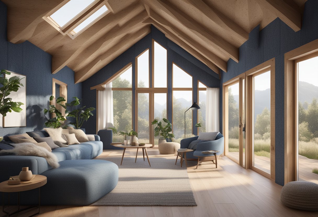 A cozy, eco-friendly home with various sustainable insulation materials such as recycled denim, sheep's wool, and cellulose fiber being installed in the walls and attic