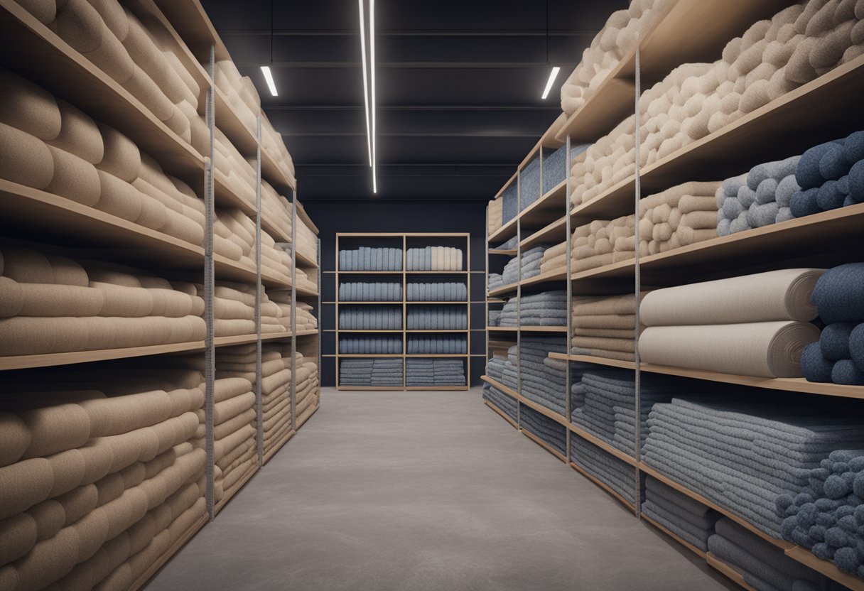 A variety of sustainable insulation materials displayed on shelves, including cellulose, wool, and recycled denim, with eco-friendly labels