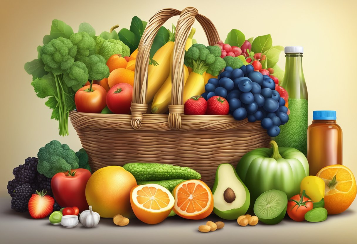 A vibrant array of fresh fruits and vegetables overflowing from a wicker basket, surrounded by bottles of vitamins and supplements