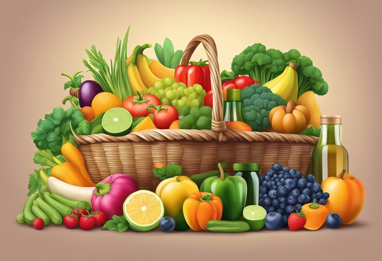 A colorful array of fresh fruits and vegetables arranged in a vibrant, overflowing basket, surrounded by bottles of vitamins and supplements