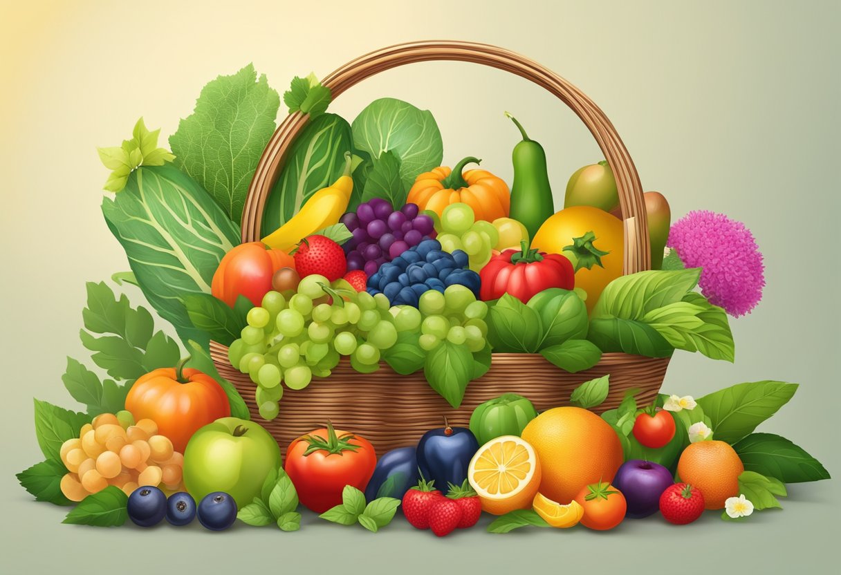 A colorful array of fresh fruits and vegetables overflowing from a woven basket, surrounded by vibrant green leaves and blooming flowers