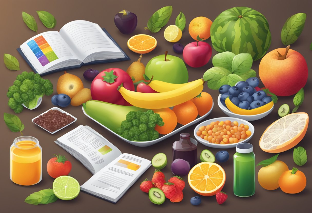 A vibrant array of fruits, vegetables, and supplements arranged on a table, surrounded by glowing testimonials and scientific data