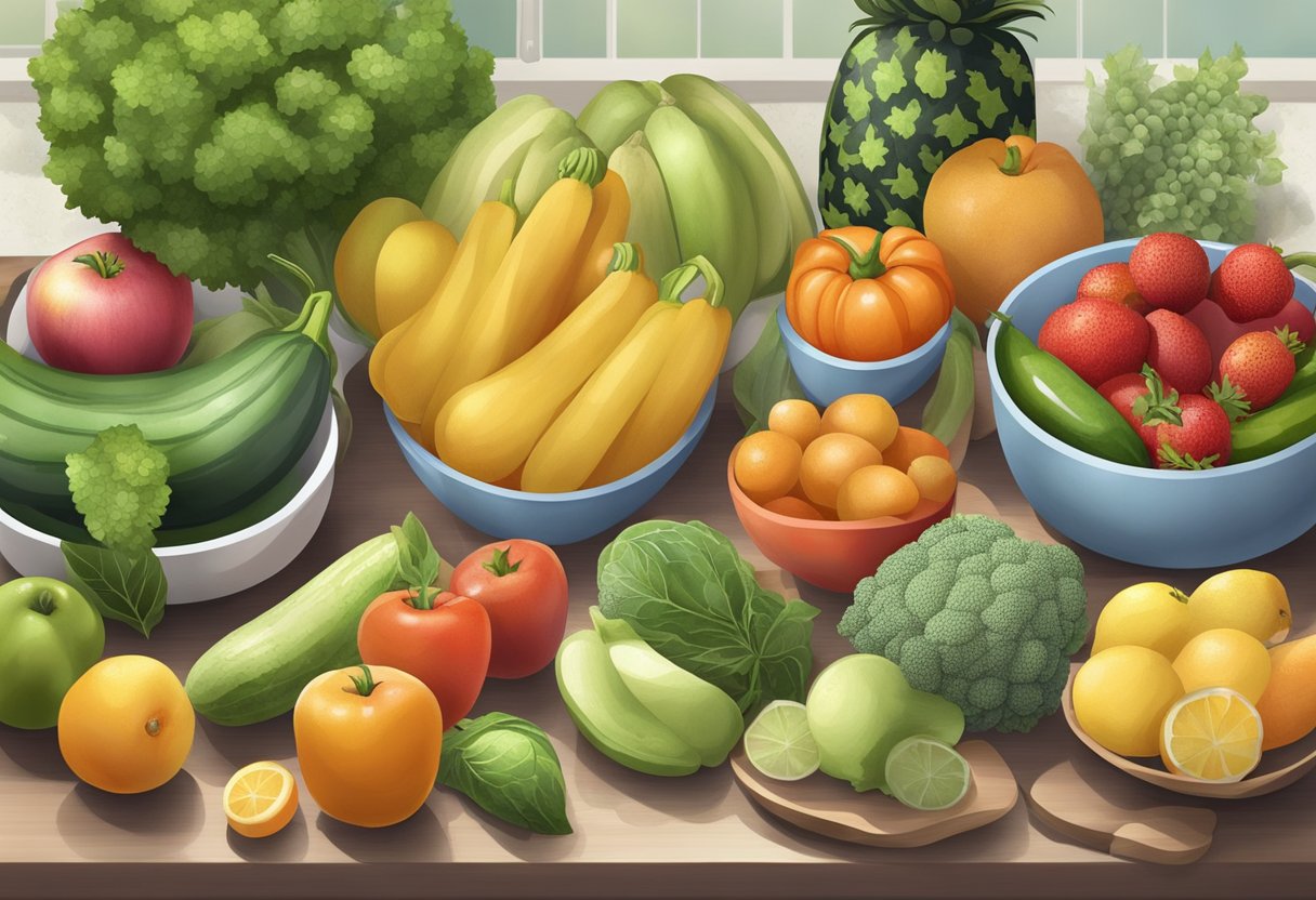 A variety of fresh fruits and vegetables arranged on a kitchen counter, surrounded by measuring cups and a scale