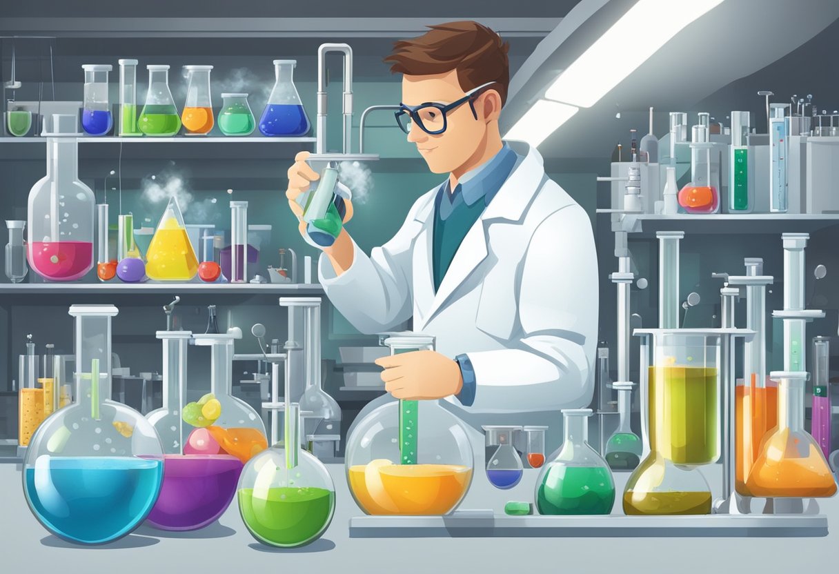 A scientist carefully measures and mixes various nutrients in a laboratory setting, surrounded by beakers, test tubes, and scientific equipment