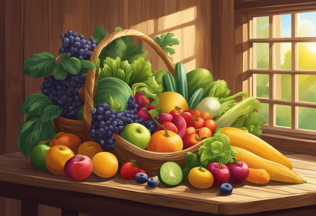 A colorful array of fresh fruits and vegetables spilling out of a woven basket onto a rustic wooden table. Sunshine streams through a nearby window, highlighting the vibrant hues of the produce