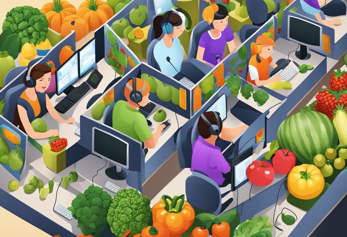 A call center with staff assisting customers, surrounded by images of fruits and vegetables