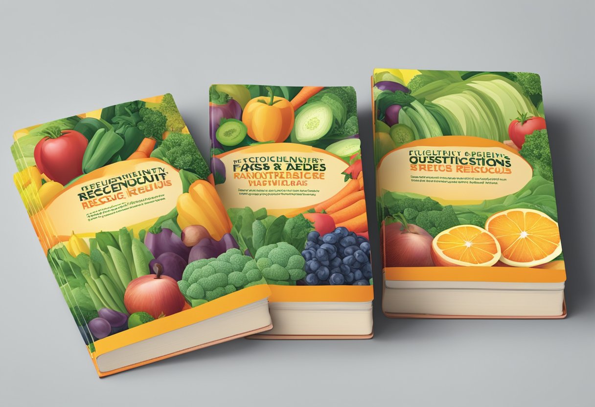 A stack of colorful booklets with "Frequently Asked Questions" and "Nutrient Rescue Reviews" on the cover, surrounded by fresh fruits and vegetables