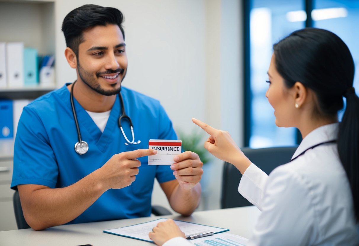 A person holding a medical insurance card while talking to a dental office staff member. The staff member is pointing to a document and nodding