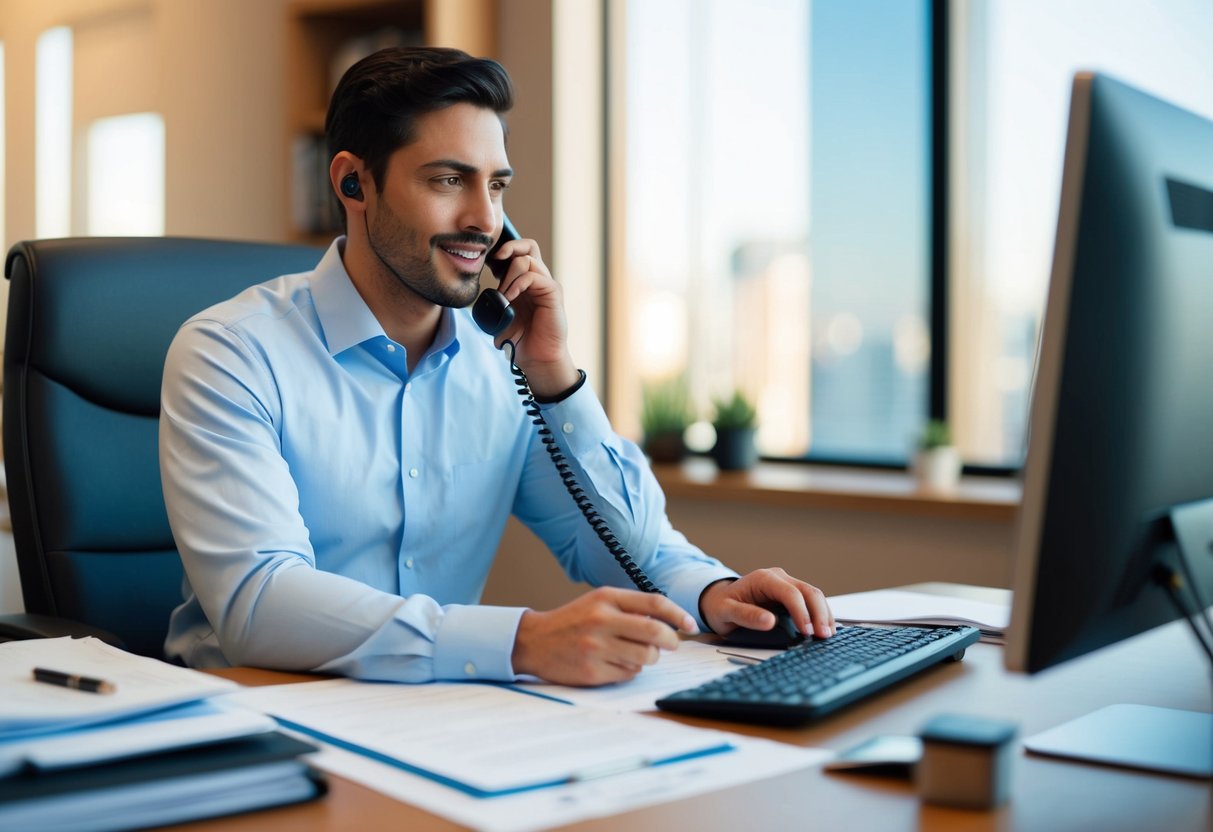 A person sitting at a desk, surrounded by paperwork and a computer, speaking on the phone with an insurance representative