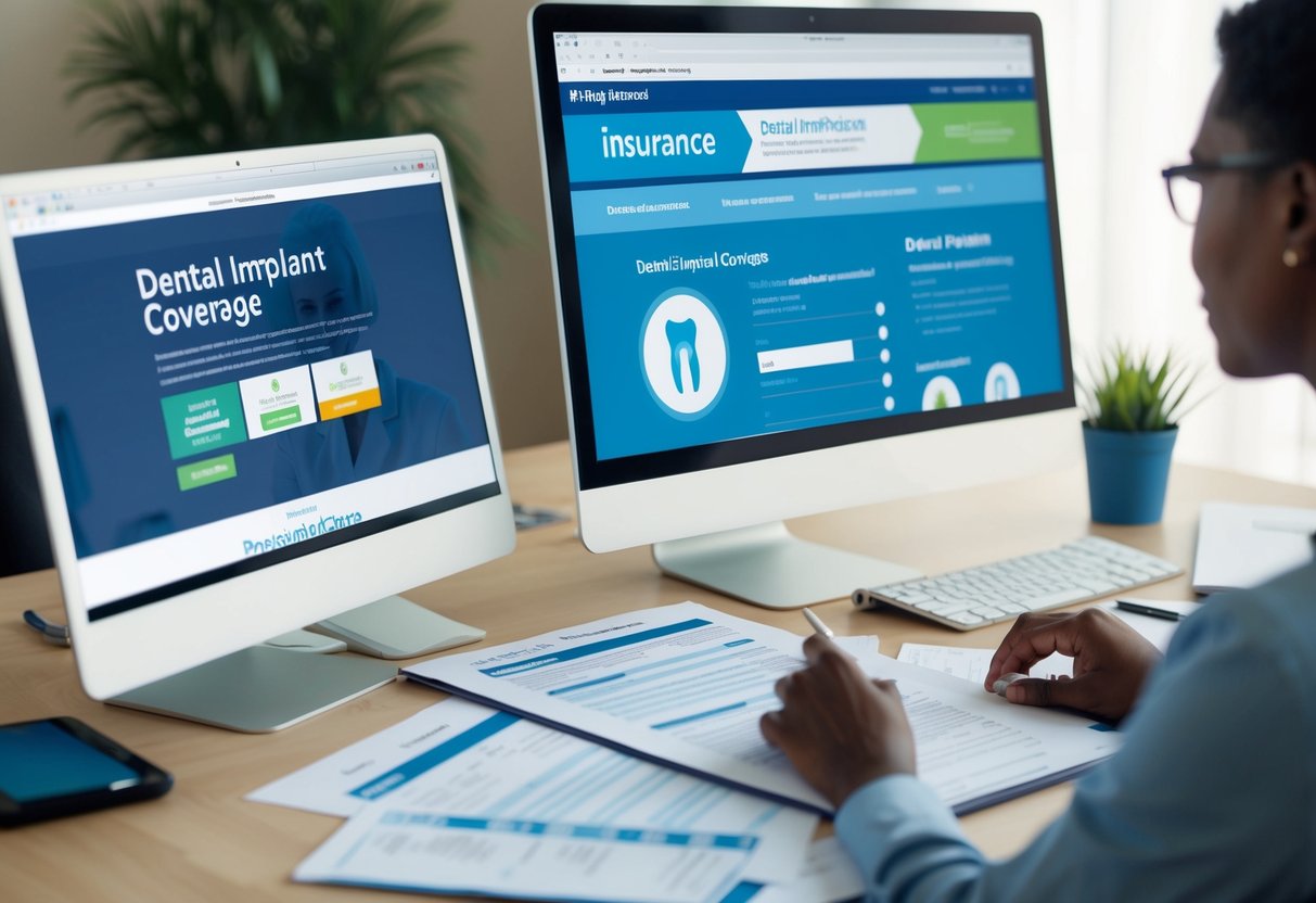 A person researching dental implant coverage, surrounded by paperwork, insurance documents, and a computer displaying various insurance websites