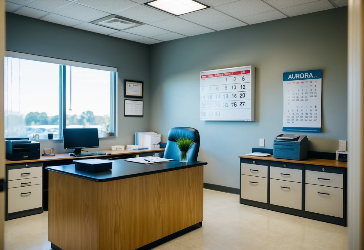 A doctor's office in Aurora, CO with a desk, computer, and file cabinets. A calendar on the wall shows the month