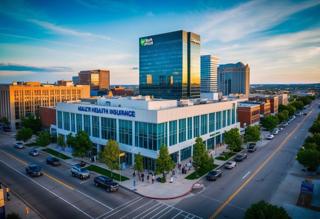 A bustling cityscape in Aurora, CO with a prominent health insurance office and a diverse array of people seeking information