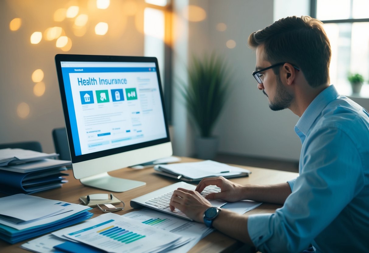A person sitting at a computer, surrounded by paperwork and folders, researching health insurance options online