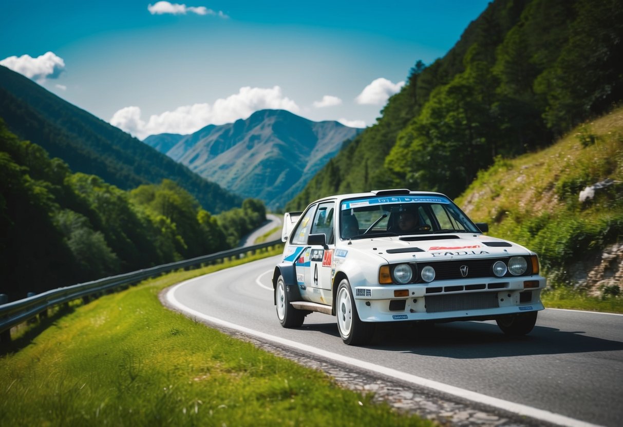 En rallybil kör snabbt genom en slingrande bergsväg, omgiven av frodig grönska och en klarblå himmel.