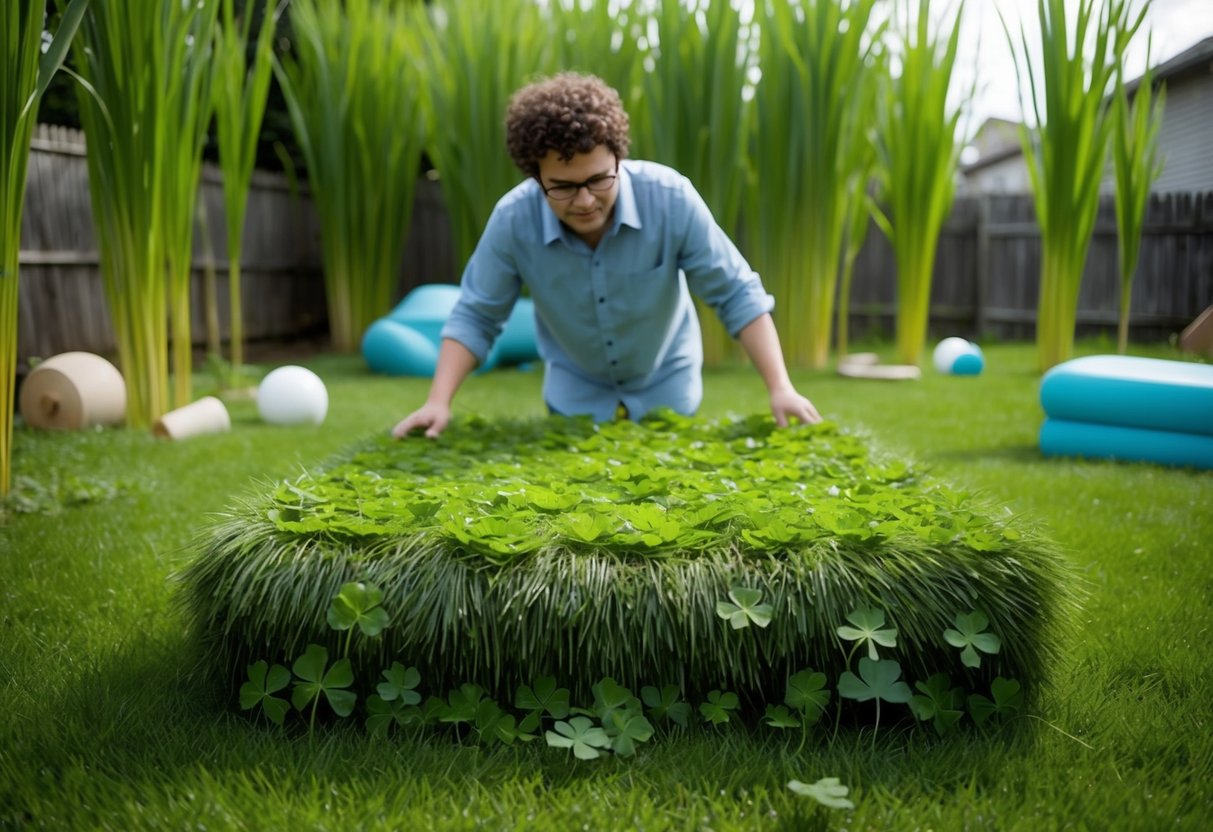 A character builds a makeshift bed using grass and clover in a backyard filled with towering blades of grass and oversized objects