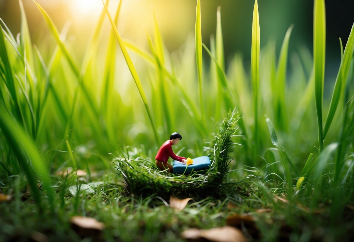 A small figure constructs a makeshift bed from grass and leaves in a miniature world surrounded by towering blades of grass