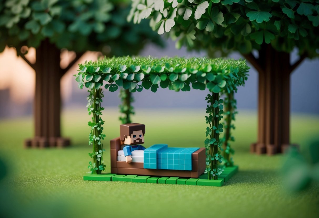 A character in a tiny world builds a cozy, makeshift bed under a leafy canopy, using grass and clover to create their first respawn point