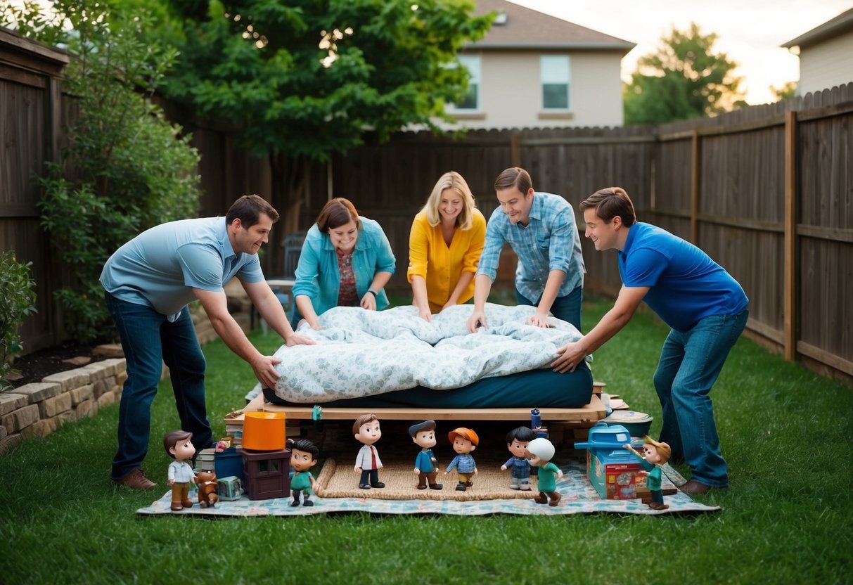 A group of tiny characters construct a cozy bed using oversized items in a backyard