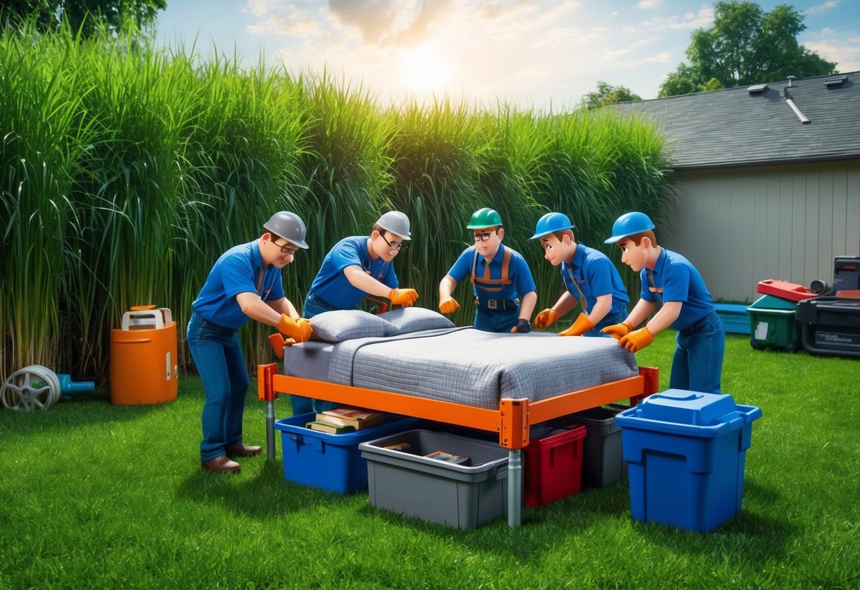 A group of tiny characters construct a makeshift bed using advanced tools and storage containers in a backyard filled with towering grass and oversized objects