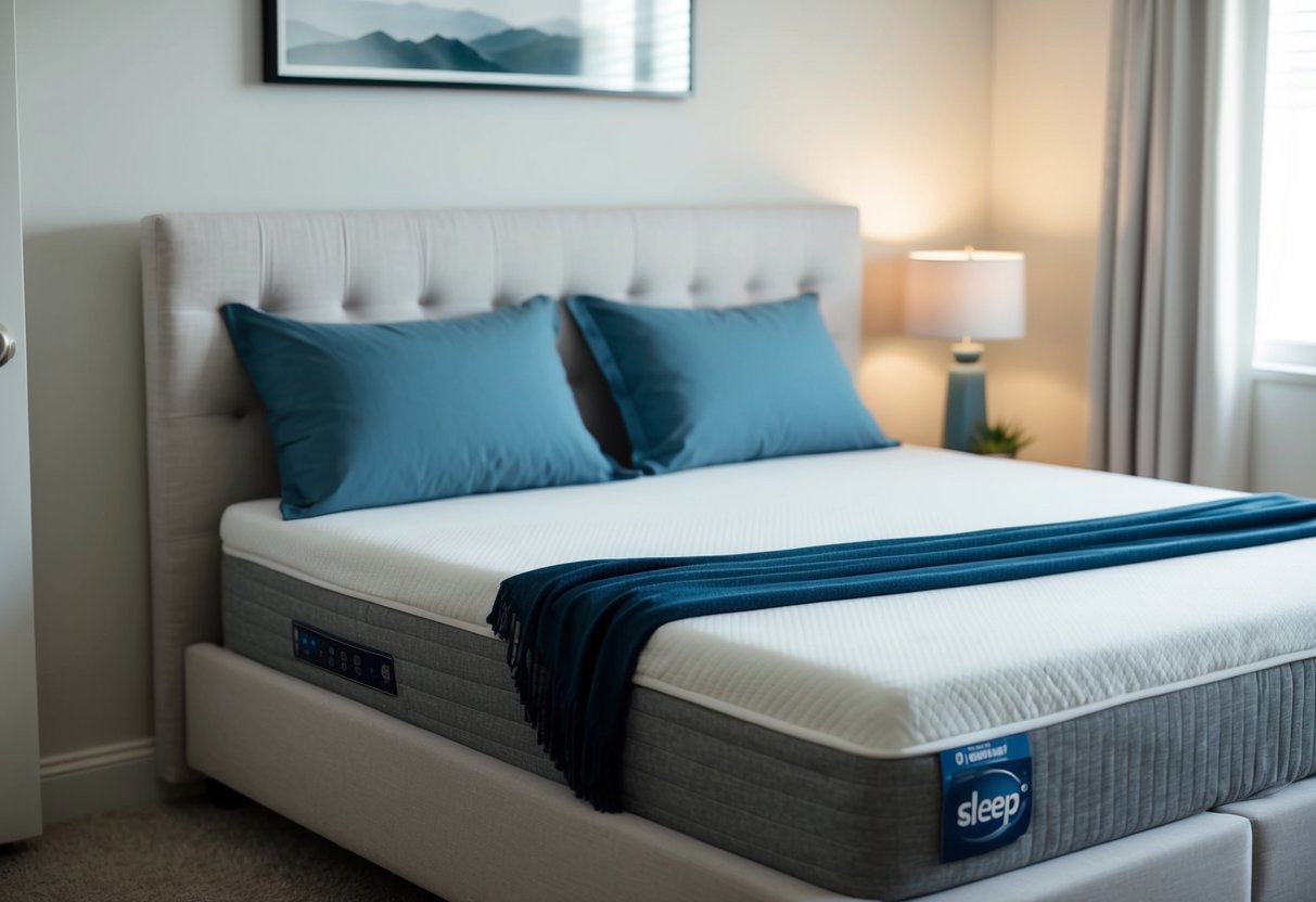 A neatly made bed with grounding sheets fitted to a Sleep Number mattress, surrounded by a tidy bedroom with soft lighting