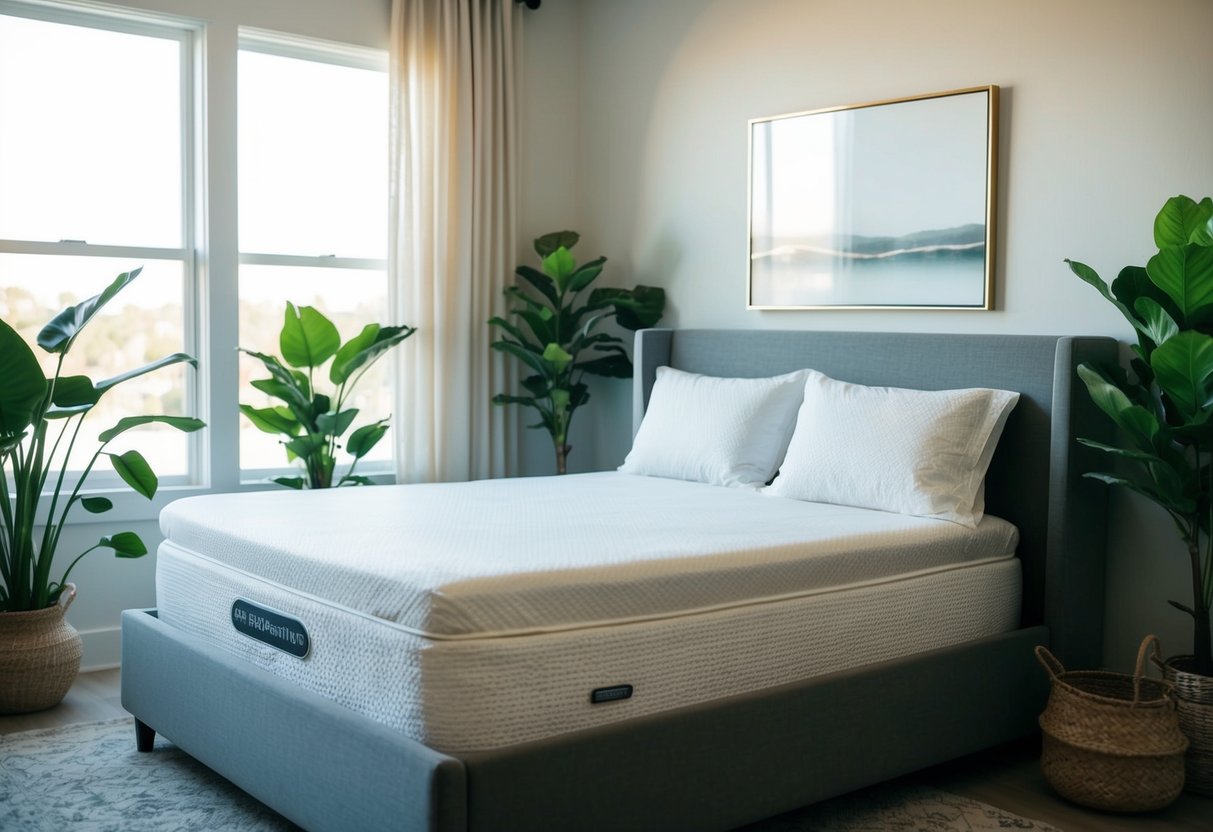 A serene bedroom with a Sleep Number bed fitted with grounding sheets, surrounded by plants and natural light streaming in through the window