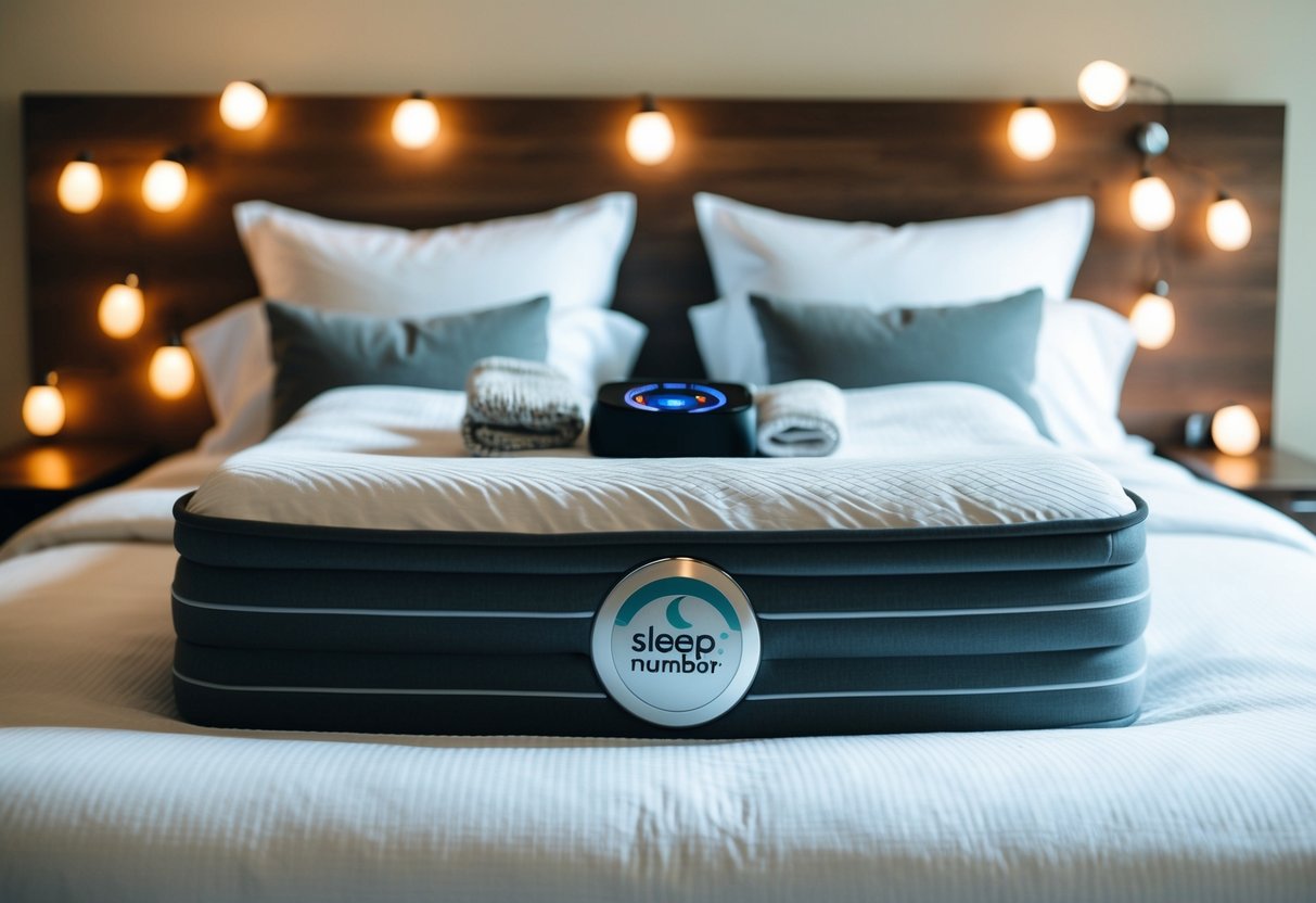 A sleep number bed with grounding sheets and accessories arranged neatly on top