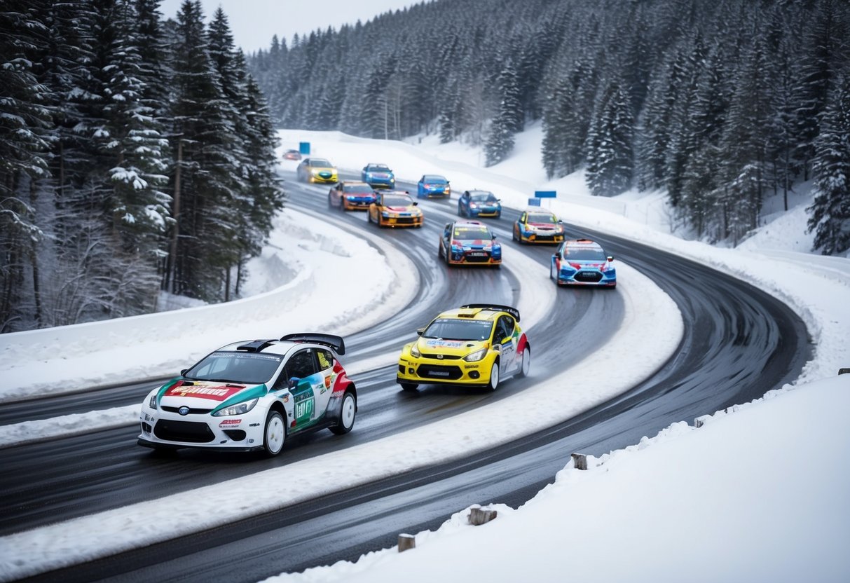 Snötäckt skog med slingrande isiga vägar, omgiven av åskådare och färgglada rallybilar som susar genom det vintriga landskapet