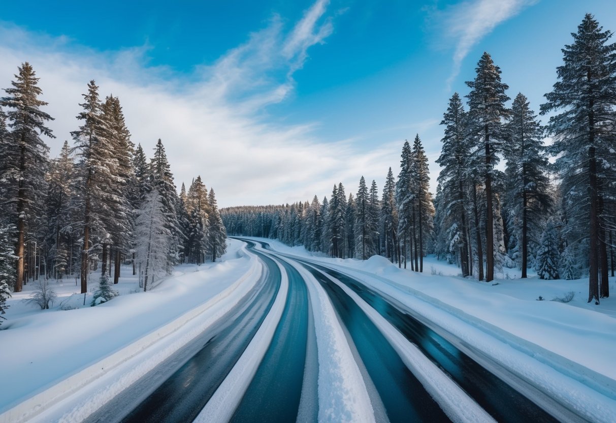 Snötäckt skog med slingrande isiga vägar, omgiven av höga tallar och en klar blå himmel ovanför