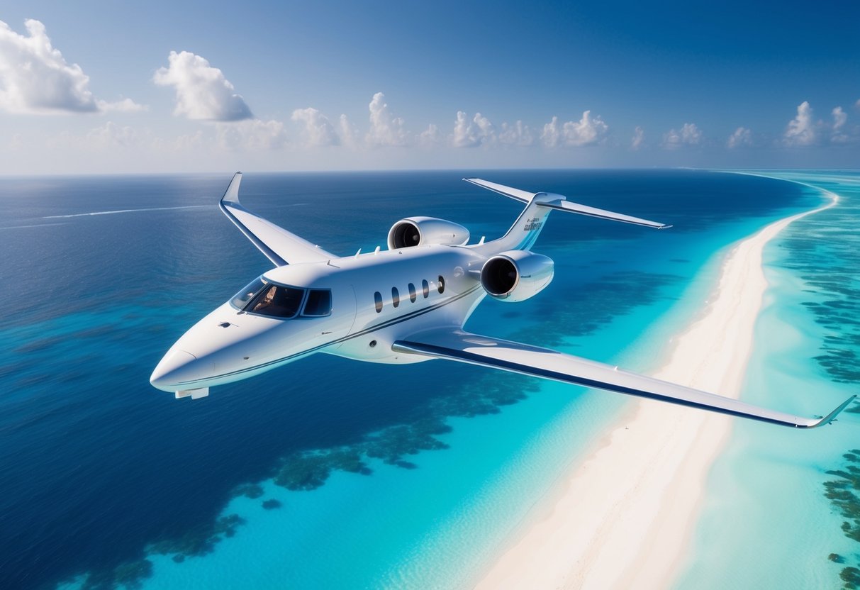 A sleek private jet soaring over crystal-clear blue waters and pristine white sand beaches of the Maldives