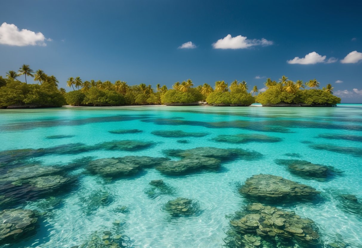 Crystal-clear waters surround a cluster of lush, green islands in the North Malé Atoll. Palm trees sway gently in the warm breeze under a bright, sunny sky