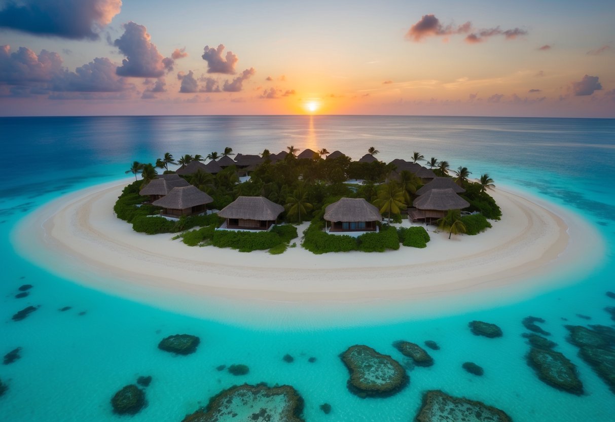 The sun sets behind a cluster of small islands surrounded by clear blue waters in North Malé Atoll. Palm trees line the sandy shores, and colorful coral reefs can be seen beneath the surface