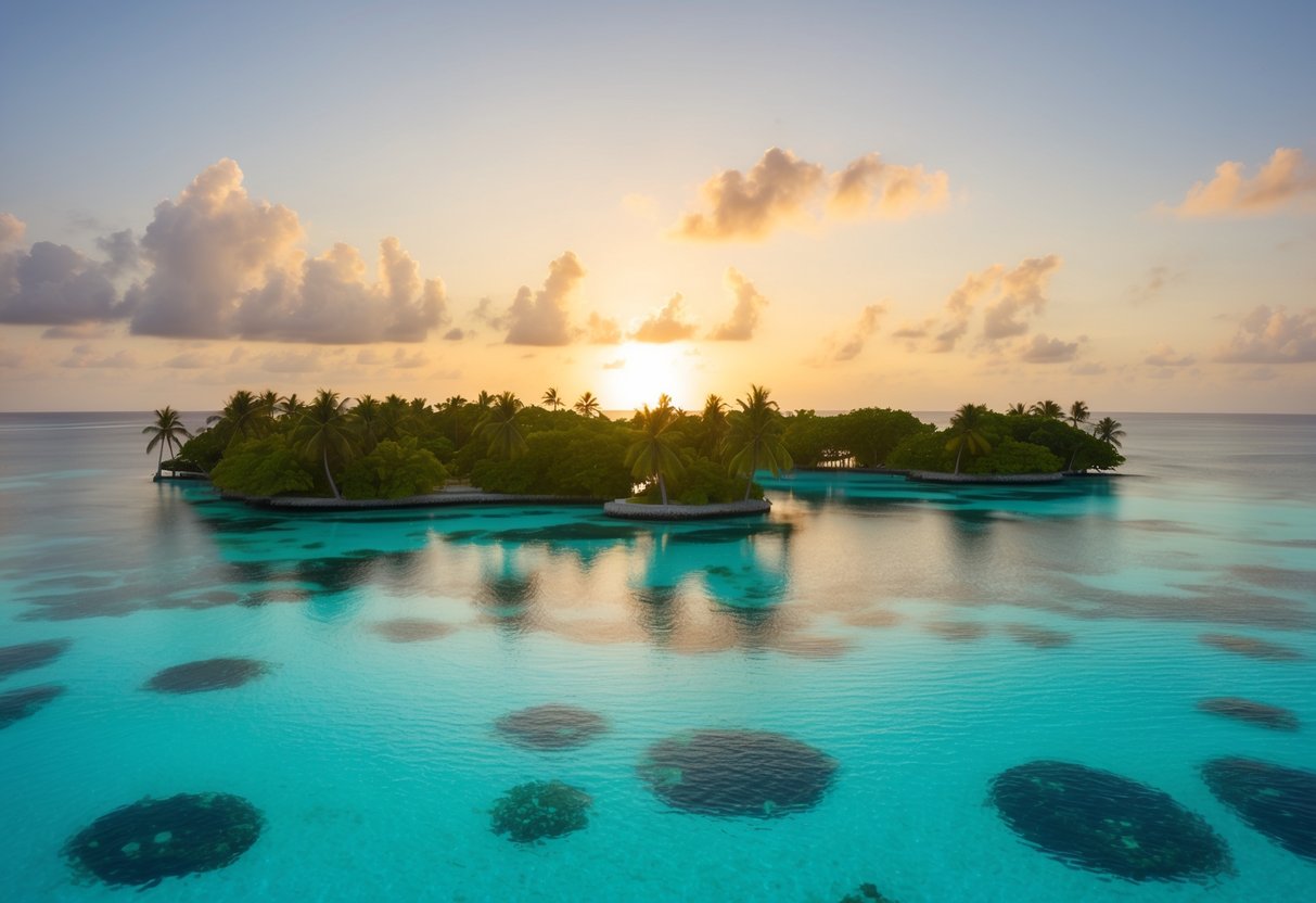 Crystal clear waters surround a cluster of small tropical islands in South Malé Atoll. Palm trees sway in the gentle breeze as the sun sets behind the horizon, casting a warm golden glow over the tranquil scene