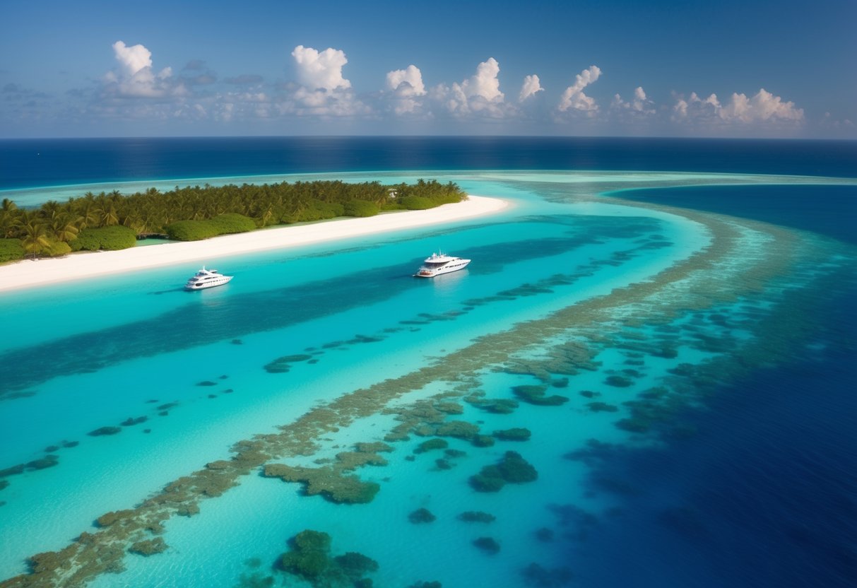 Aerial view of South Malé Atoll with crystal-clear turquoise waters, white sandy beaches, and lush green vegetation