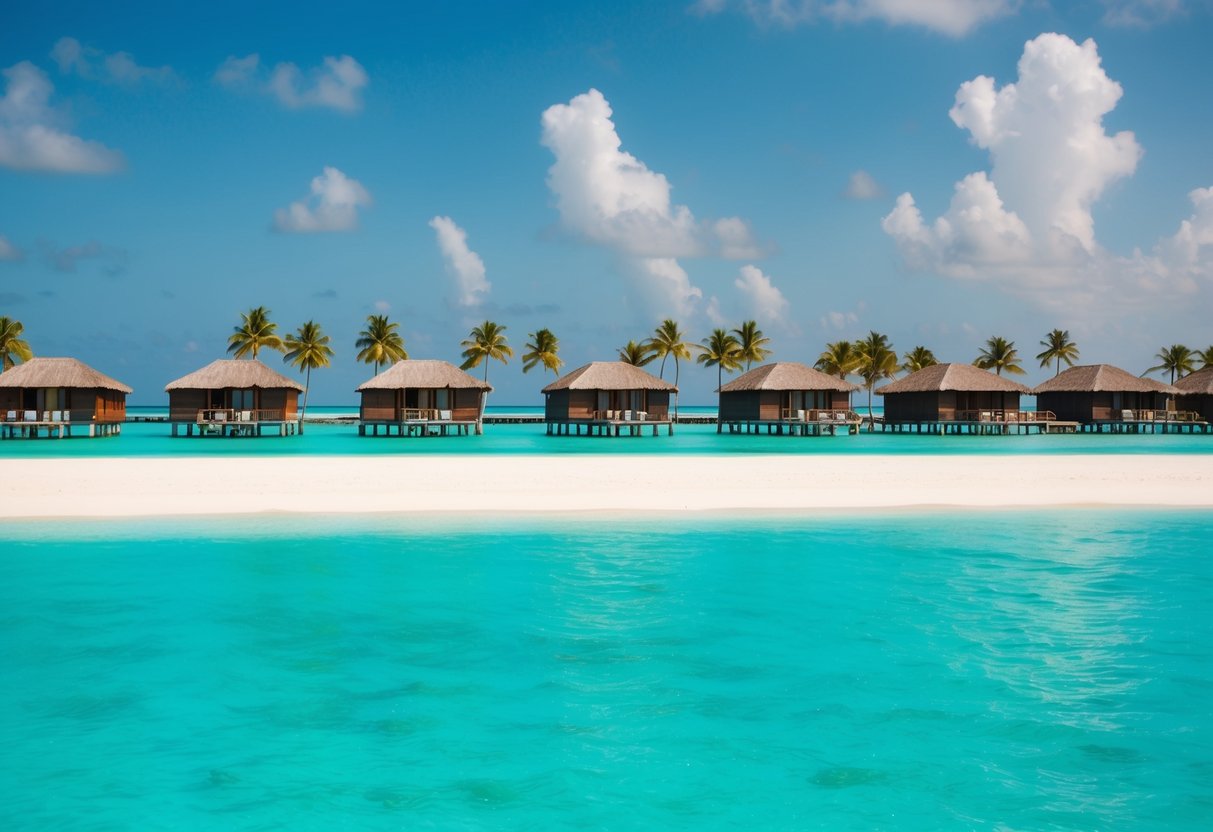 Turquoise waters surround a cluster of overwater bungalows on stilts, with palm trees lining a pristine white sand beach in South Malé Atoll