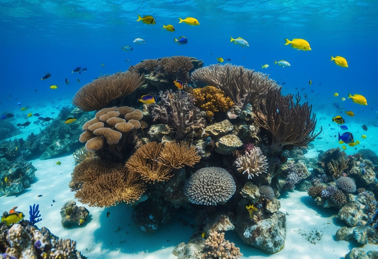 A vibrant coral reef thrives in the clear, turquoise waters of the South Malé Atoll, surrounded by colorful fish and swaying sea plants