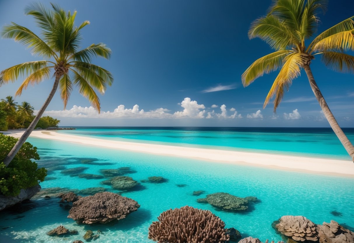 A serene beach with palm trees, crystal-clear turquoise waters, and colorful coral reefs teeming with marine life in South Malé Atoll