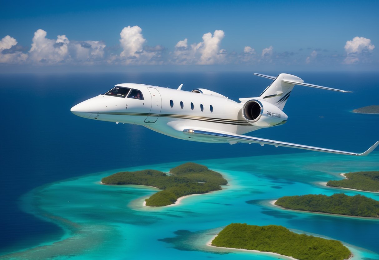 A sleek private jet soaring over the turquoise waters of the Seychelles Archipelago, with lush green islands scattered below