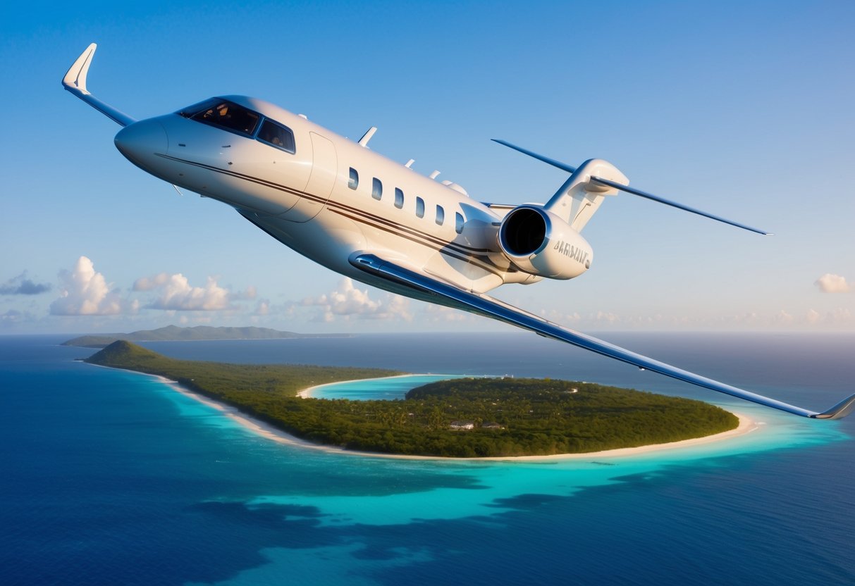 A sleek private jet soaring above crystal blue waters towards the lush, tropical island of Mauritius