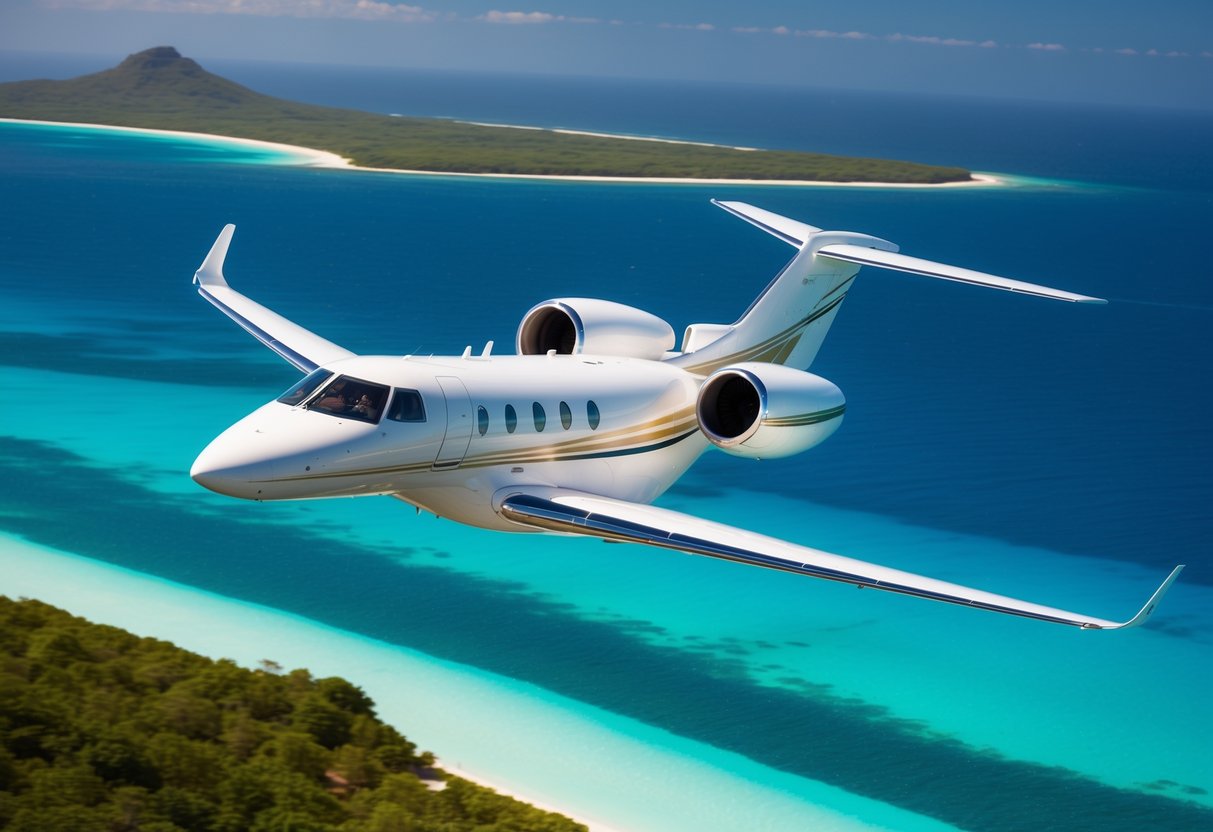 A sleek private jet soaring over turquoise waters towards the lush island of Mauritius