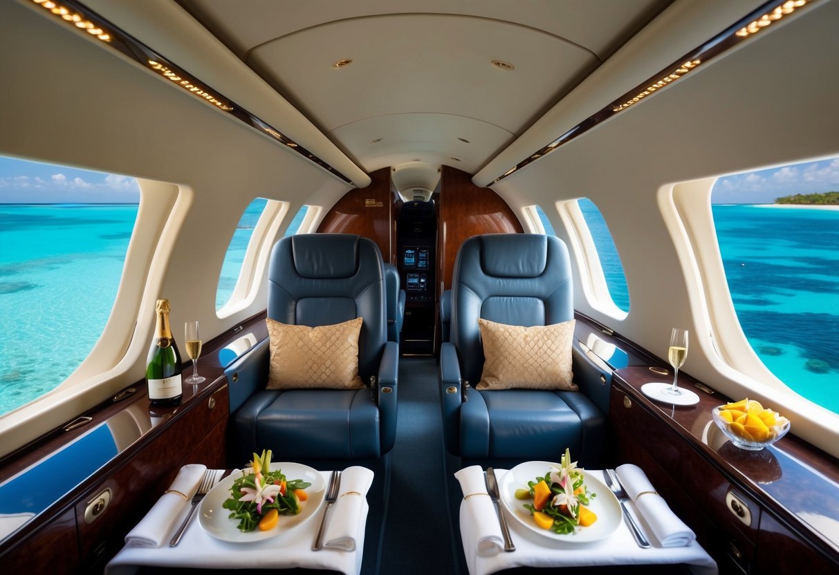 A private jet interior with plush seating, champagne, and gourmet catering, flying over crystal-clear waters to the tropical paradise of Mauritius