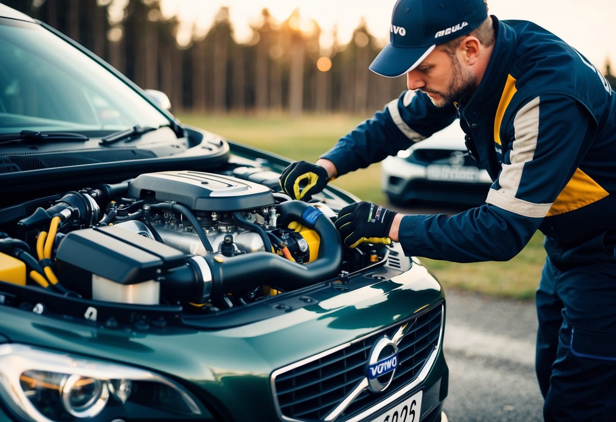 En mekaniker modifierar en Volvo-motor för rally, lägger till prestandadelar och justeringskomponenter.