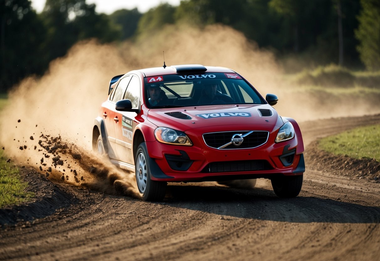 En röd Volvo rallybil far fram genom en grusväg, och kastar upp damm och skräp när den navigerar skarpa svängar och hopp.