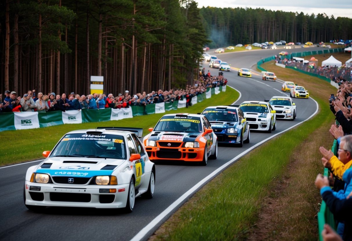 Ett naturskönt rallylopp i Sverige med dånande bilar, skogsklädda banor och hejarop från åskådare längs vägen